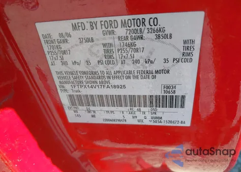 2007 Ford F-150 Fx4/Lariat/Xl/Xlt from USA, damaged, VIN 1FTPX14V17FA18925